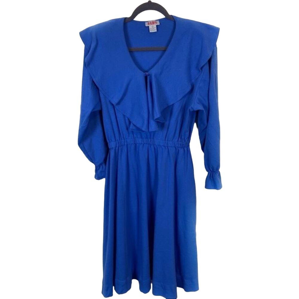 Secretary Chic Dress Retro Fads Vintage Ruffle Collar 80s Career Dress sz L Blue